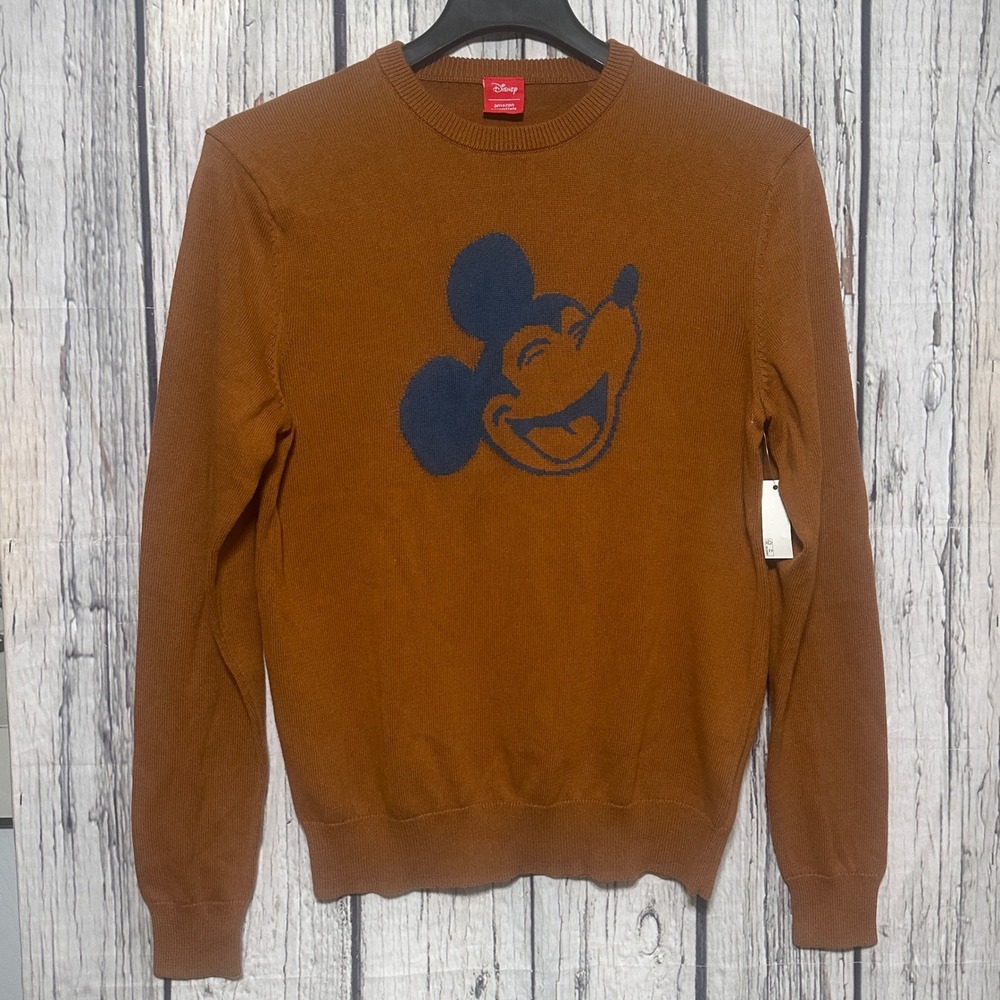 NWT Disney Amazon Essentials Happy Mickey Mouse Sweater Rust Brown Mens Small
